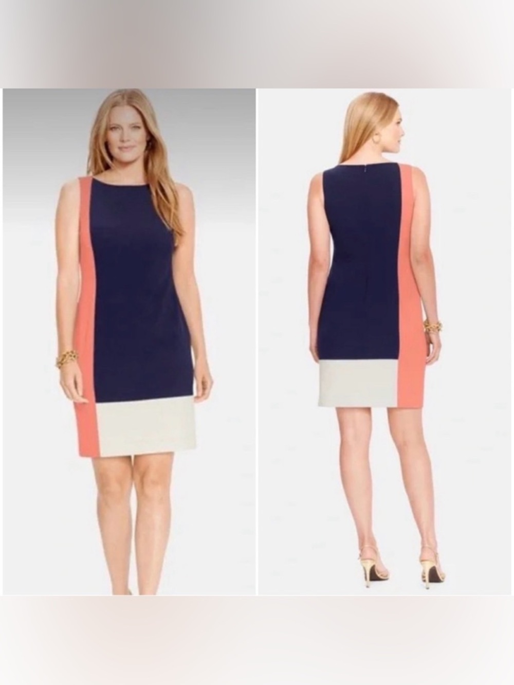 Ralph Lauren Colorblock Navy, Coral & Cream Sheath Dress, Size 14